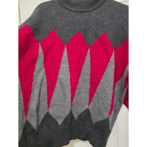 VTG Perry Ellis Gray & Red Geometric Diamond Knit Sweater Long Sleeve Turtleneck - Picture 5 of 8